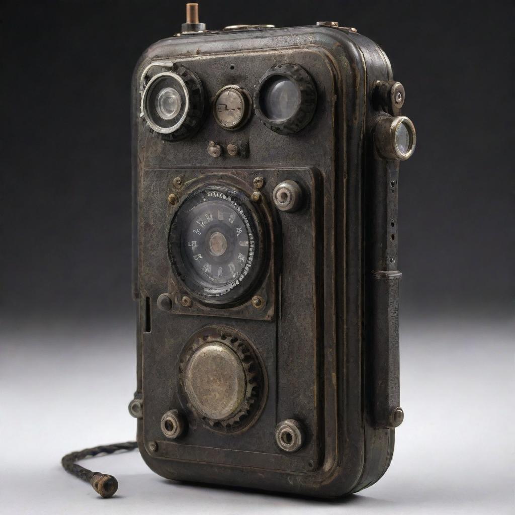 A dieselpunk-style cellphone, influenced by the aesthetics of the diesel-based technology of the interwar period, with rugged mechanical gears, iron elements, and a vintage radio-style design