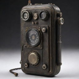 A dieselpunk-style cellphone, influenced by the aesthetics of the diesel-based technology of the interwar period, with rugged mechanical gears, iron elements, and a vintage radio-style design