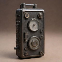 A dieselpunk-style cellphone, influenced by the aesthetics of the diesel-based technology of the interwar period, with rugged mechanical gears, iron elements, and a vintage radio-style design