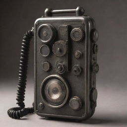 A dieselpunk-style cellphone, influenced by the aesthetics of the diesel-based technology of the interwar period, with rugged mechanical gears, iron elements, and a vintage radio-style design