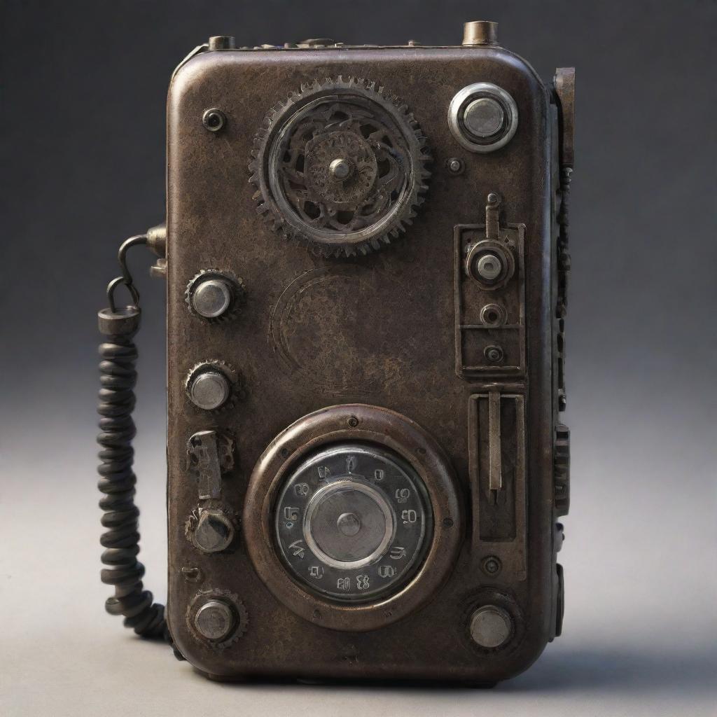 A dieselpunk-style cellphone, influenced by the aesthetics of the diesel-based technology of the interwar period, with rugged mechanical gears, iron elements, and a vintage radio-style design