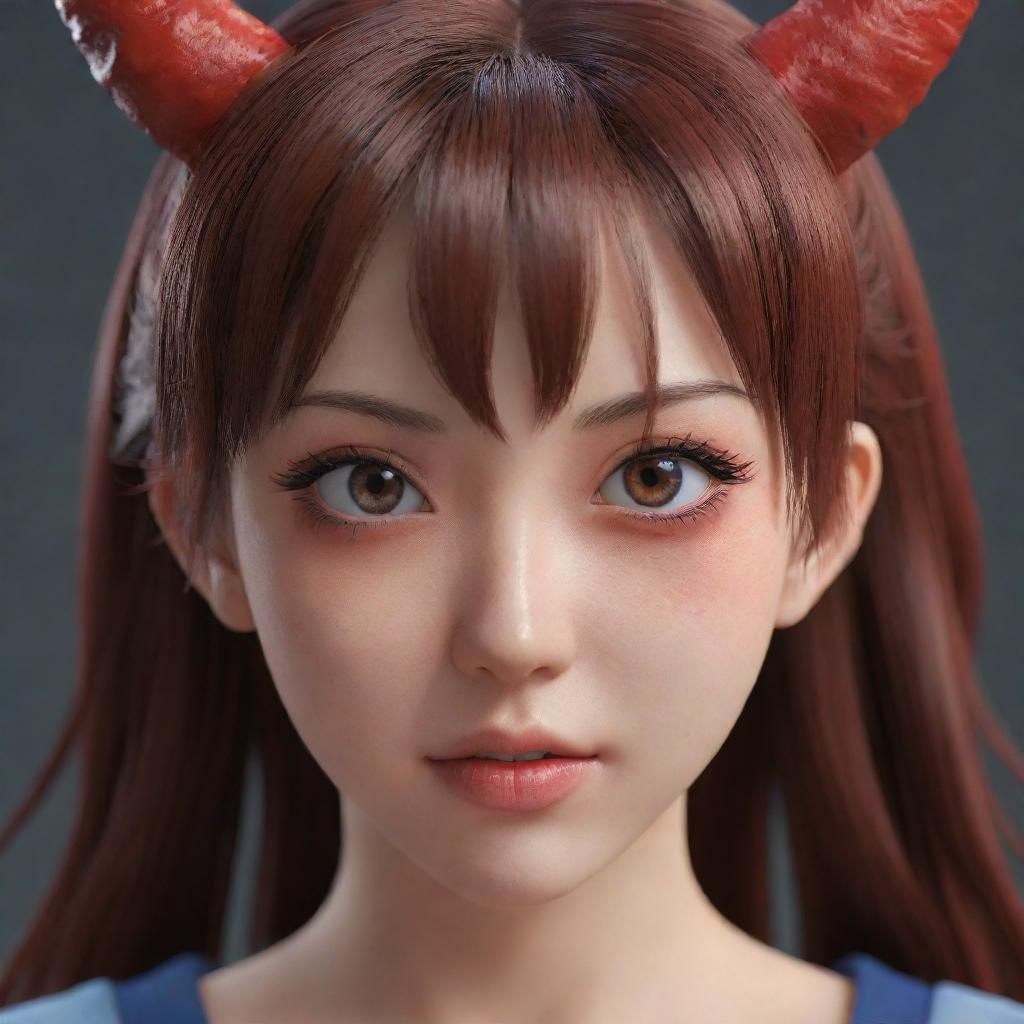 3D realistic render of an anime girl with striking devil-like facial features