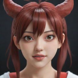 3D realistic render of an anime girl with striking devil-like facial features