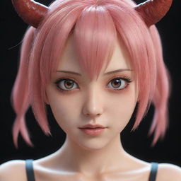 3D realistic render of an anime girl with striking devil-like facial features