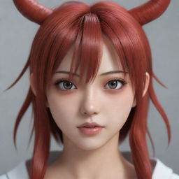 3D realistic render of an anime girl with striking devil-like facial features