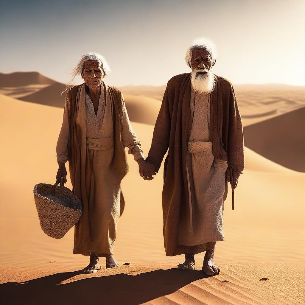 A high-quality digital art piece portraying an old man and a blind old woman, hand in hand, navigating through a vast desert