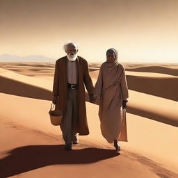 A high-quality digital art piece portraying an old man and a blind old woman, hand in hand, navigating through a vast desert