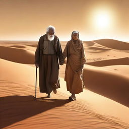 A high-quality digital art piece portraying an old man and a blind old woman, hand in hand, navigating through a vast desert