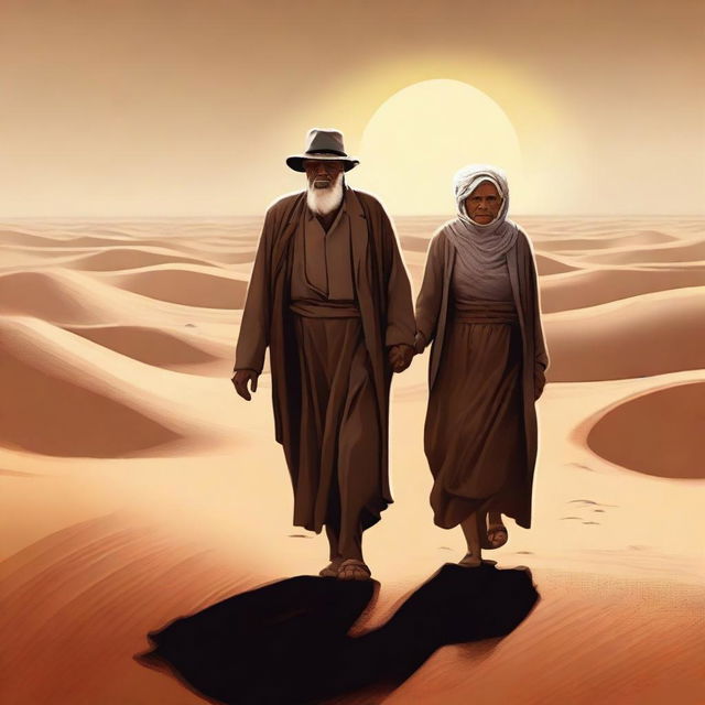 A high-quality digital art piece portraying an old man and a blind old woman, hand in hand, navigating through a vast desert