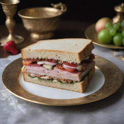 An impossibly opulent, priceless sandwich, containing extremely rare and exotic ingredients, garnished with gold foil and presented on an exquisite antique plate, symbolizing grandeur beyond monetary value