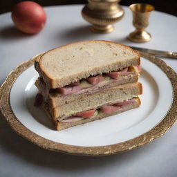 An impossibly opulent, priceless sandwich, containing extremely rare and exotic ingredients, garnished with gold foil and presented on an exquisite antique plate, symbolizing grandeur beyond monetary value