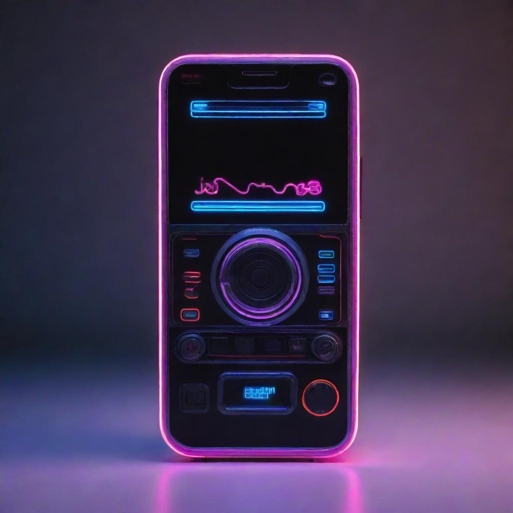 An electropunk-style cellphone with a sleek, digital design, vibrant neon lights, and eclectic electronic gadgetry