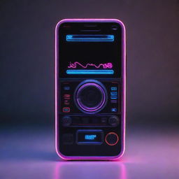 An electropunk-style cellphone with a sleek, digital design, vibrant neon lights, and eclectic electronic gadgetry