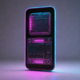 An electropunk-style cellphone with a sleek, digital design, vibrant neon lights, and eclectic electronic gadgetry