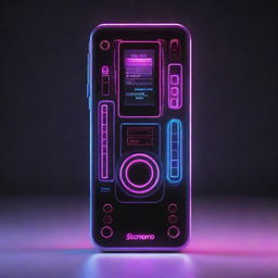 An electropunk-style cellphone with a sleek, digital design, vibrant neon lights, and eclectic electronic gadgetry