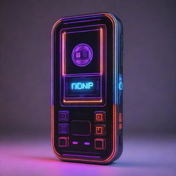 An electropunk-style cellphone with a sleek, digital design, vibrant neon lights, and eclectic electronic gadgetry