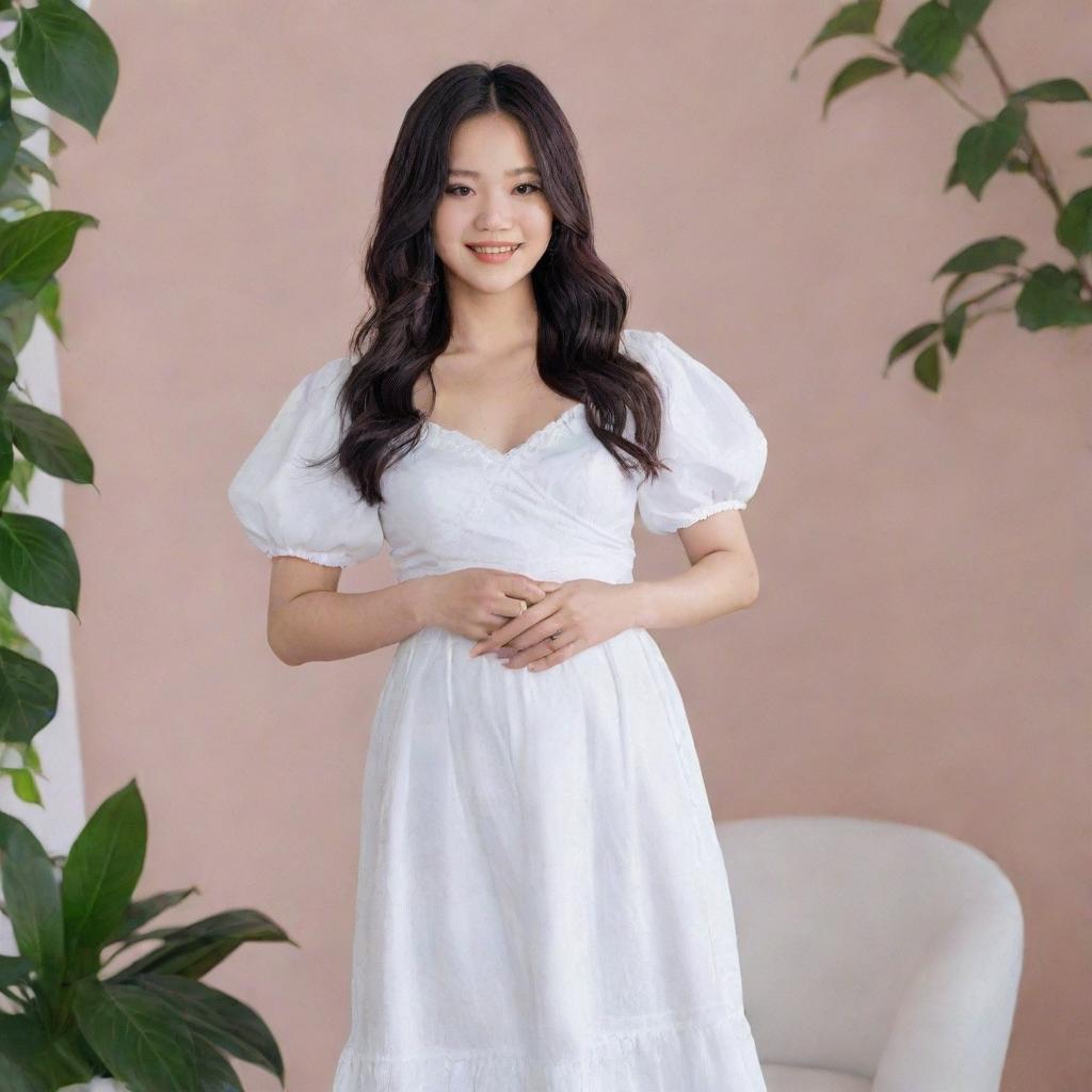 K-pop star Jennie from Blackpink, elegantly dressed and visibly pregnant, standing in a serene environment with a radiant and joyful expression