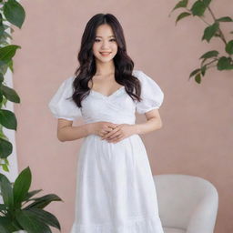 K-pop star Jennie from Blackpink, elegantly dressed and visibly pregnant, standing in a serene environment with a radiant and joyful expression