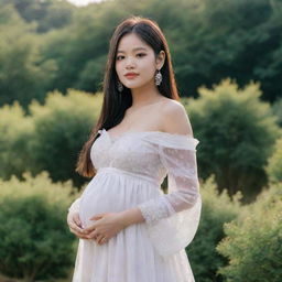 K-pop star Jennie from Blackpink, elegantly dressed and visibly pregnant, standing in a serene environment with a radiant and joyful expression