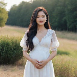 K-pop star Jennie from Blackpink, elegantly dressed and visibly pregnant, standing in a serene environment with a radiant and joyful expression