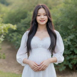 K-pop star Jennie from Blackpink, elegantly dressed and visibly pregnant, standing in a serene environment with a radiant and joyful expression