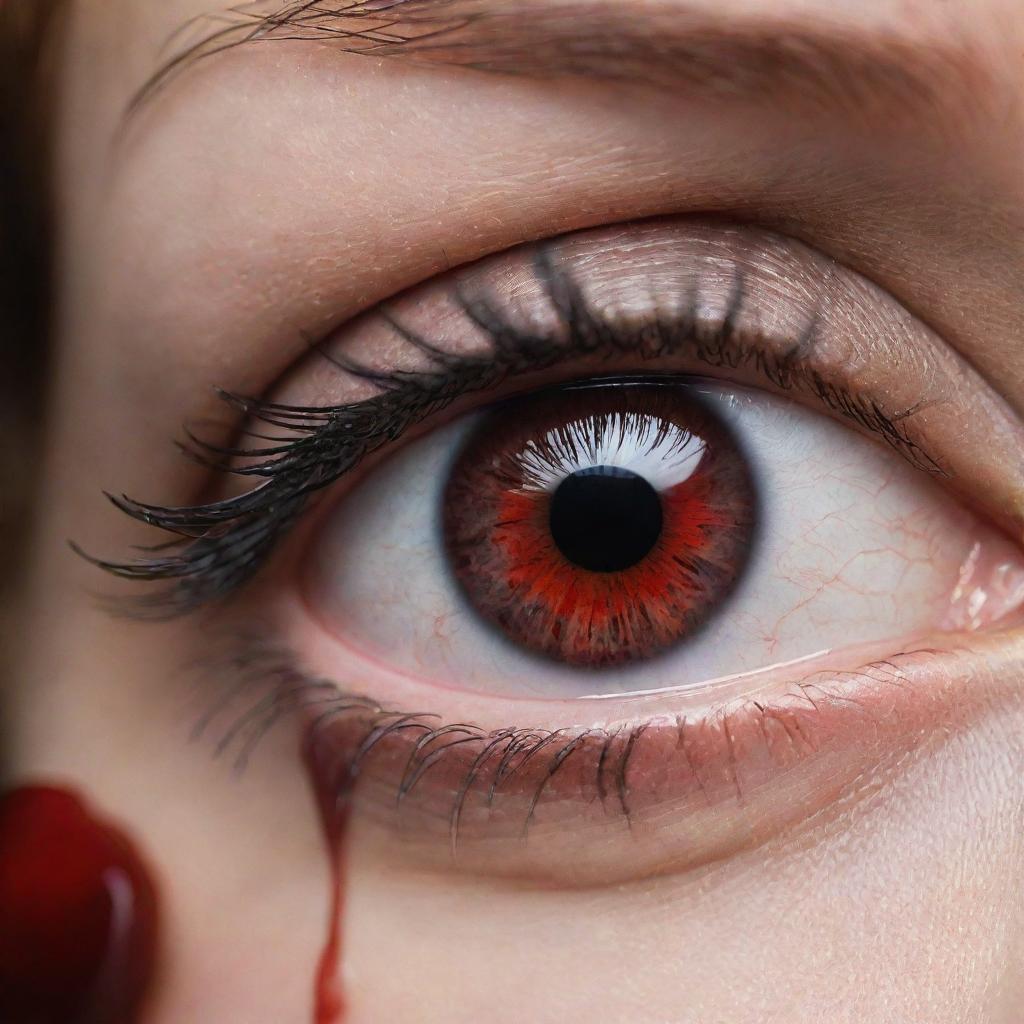 A close-up image of a human eye, scarlet in hue, with a single tear dripping down, symbolizing sorrow. The tear resembles a droplet of blood to signify intense emotion.