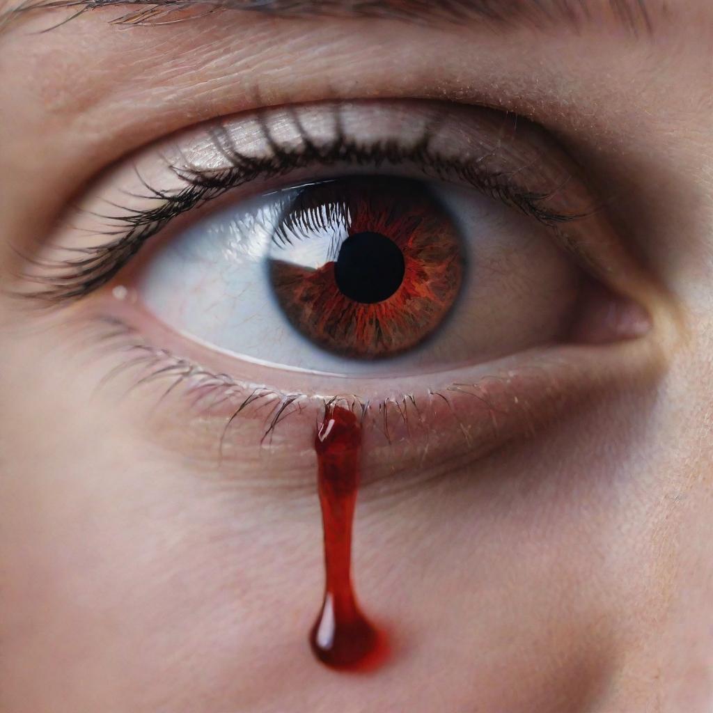 A close-up image of a human eye, scarlet in hue, with a single tear dripping down, symbolizing sorrow. The tear resembles a droplet of blood to signify intense emotion.