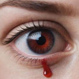 A close-up image of a human eye, scarlet in hue, with a single tear dripping down, symbolizing sorrow. The tear resembles a droplet of blood to signify intense emotion.