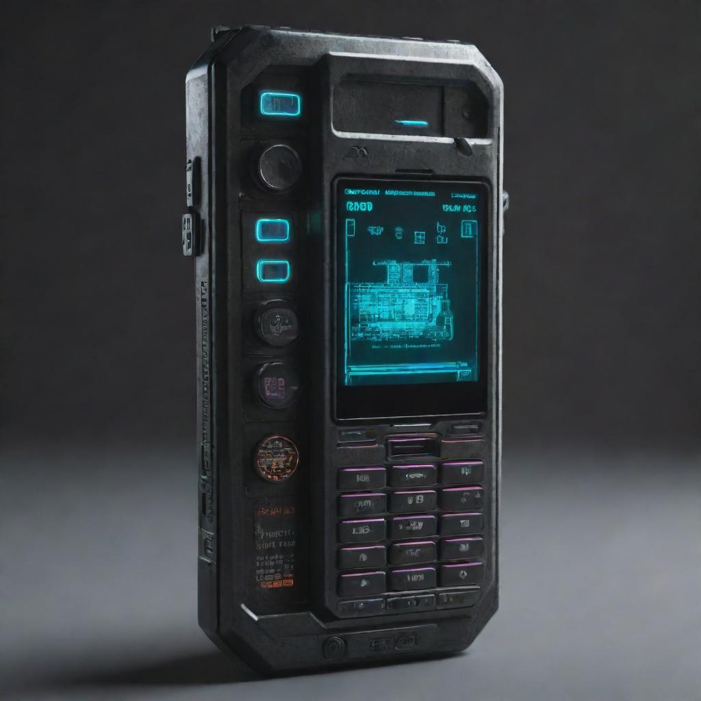 A cyberpunk-style cellphone with high-tech, dystopian themes, neon lights, holographic interfaces, and rugged metal design