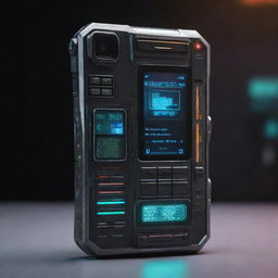 A cyberpunk-style cellphone with high-tech, dystopian themes, neon lights, holographic interfaces, and rugged metal design