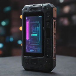 A cyberpunk-style cellphone with high-tech, dystopian themes, neon lights, holographic interfaces, and rugged metal design