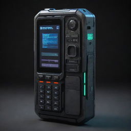 A cyberpunk-style cellphone with high-tech, dystopian themes, neon lights, holographic interfaces, and rugged metal design