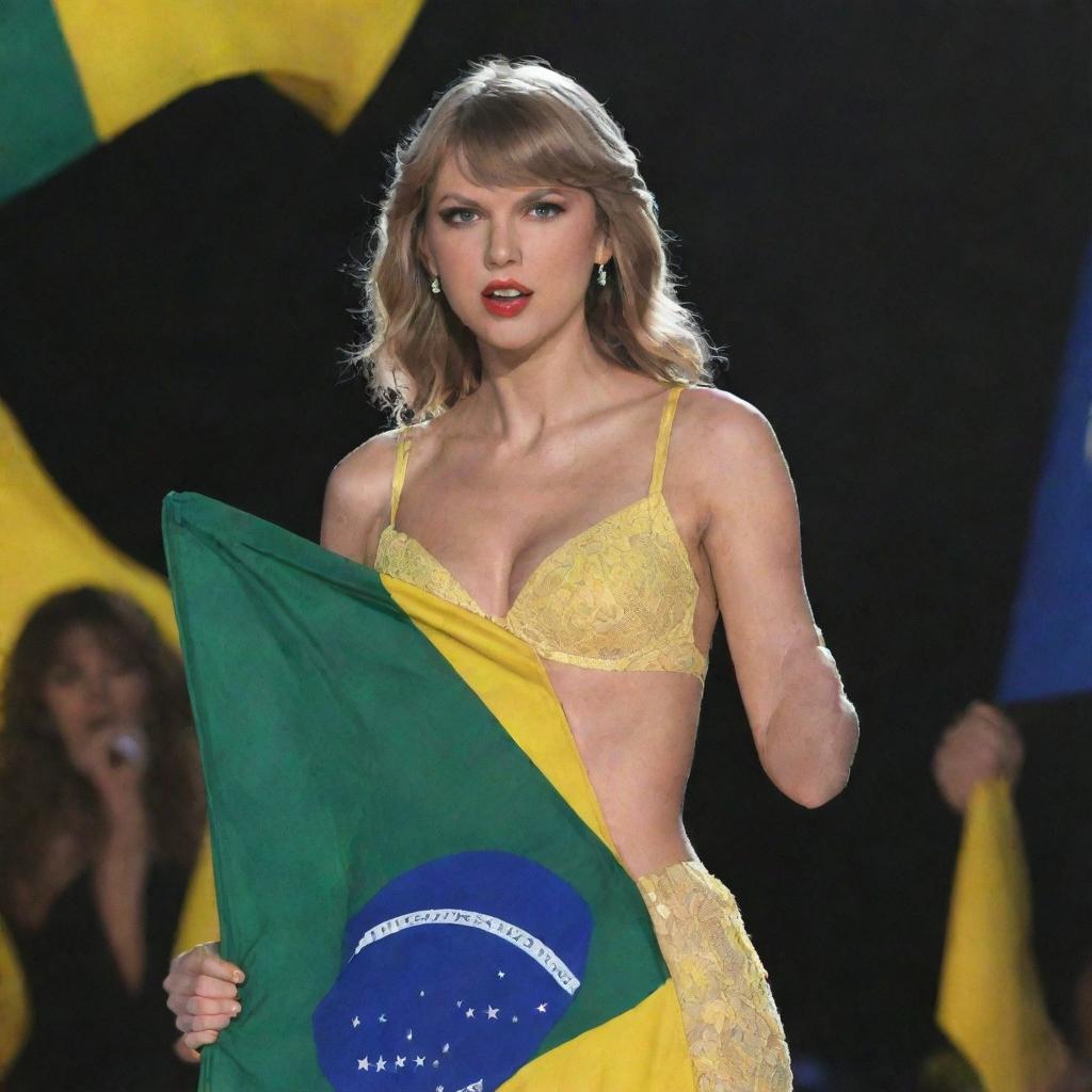 Taylor Swift holding the flag of Brazil in a concert setting