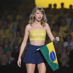 Taylor Swift holding the flag of Brazil in a concert setting