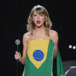 Taylor Swift holding the flag of Brazil in a concert setting