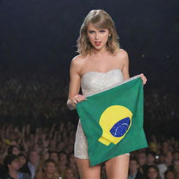 Taylor Swift holding the flag of Brazil in a concert setting