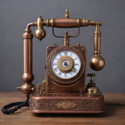 A steampunk-style phone characterized by 19th-century steam-powered machinery design, with copper and brass elements, intricate gears, and vintage rotary dials