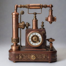 A steampunk-style phone characterized by 19th-century steam-powered machinery design, with copper and brass elements, intricate gears, and vintage rotary dials