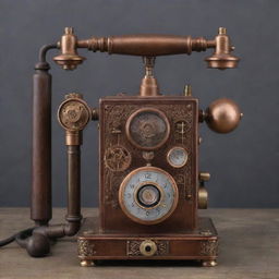 A steampunk-style phone characterized by 19th-century steam-powered machinery design, with copper and brass elements, intricate gears, and vintage rotary dials