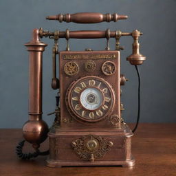 A steampunk-style phone characterized by 19th-century steam-powered machinery design, with copper and brass elements, intricate gears, and vintage rotary dials