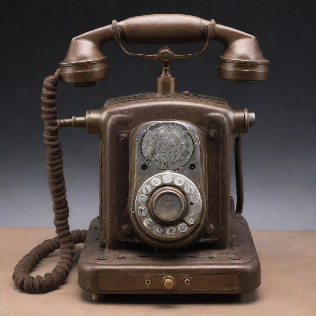 A dieselpunk-style phone, influenced by the aesthetics of the diesel-based technology of the interwar period, with rugged mechanical gears, iron elements, and a vintage radio-style design