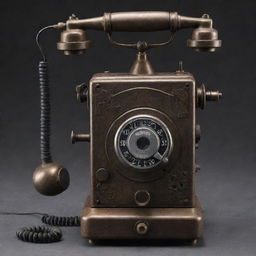 A dieselpunk-style phone, influenced by the aesthetics of the diesel-based technology of the interwar period, with rugged mechanical gears, iron elements, and a vintage radio-style design