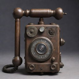 A dieselpunk-style phone, influenced by the aesthetics of the diesel-based technology of the interwar period, with rugged mechanical gears, iron elements, and a vintage radio-style design