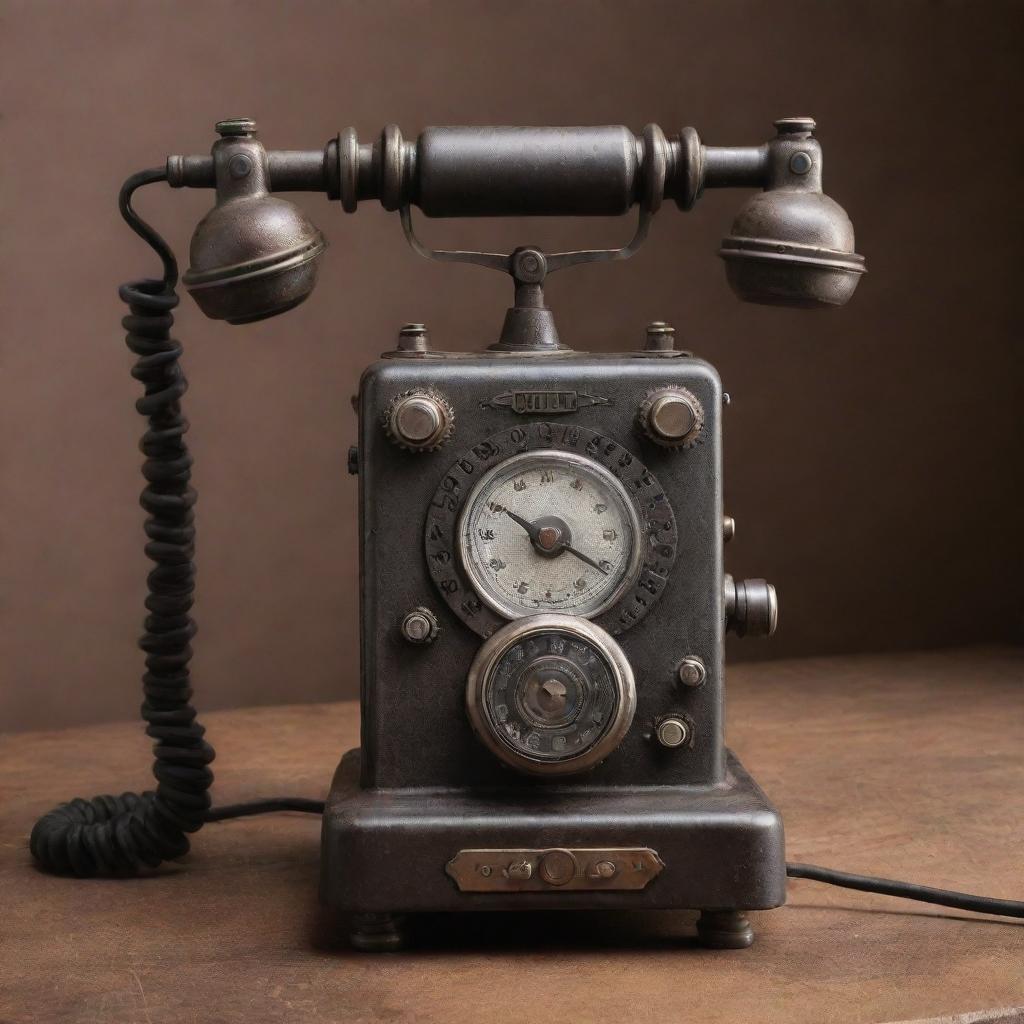 A dieselpunk-style phone, influenced by the aesthetics of the diesel-based technology of the interwar period, with rugged mechanical gears, iron elements, and a vintage radio-style design