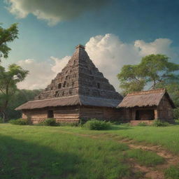 A hyper-realistic 8K image of an ancient Indian aashram and adjacent barn, richly detailing the surrounding verdant scenery, under a vibrant sky. The image is composed in a 9:16 aspect ratio.