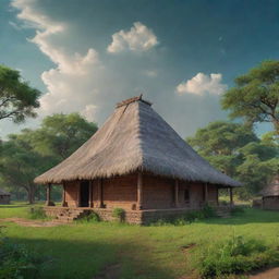 A hyper-realistic 8K image of an ancient Indian aashram and adjacent barn, richly detailing the surrounding verdant scenery, under a vibrant sky. The image is composed in a 9:16 aspect ratio.