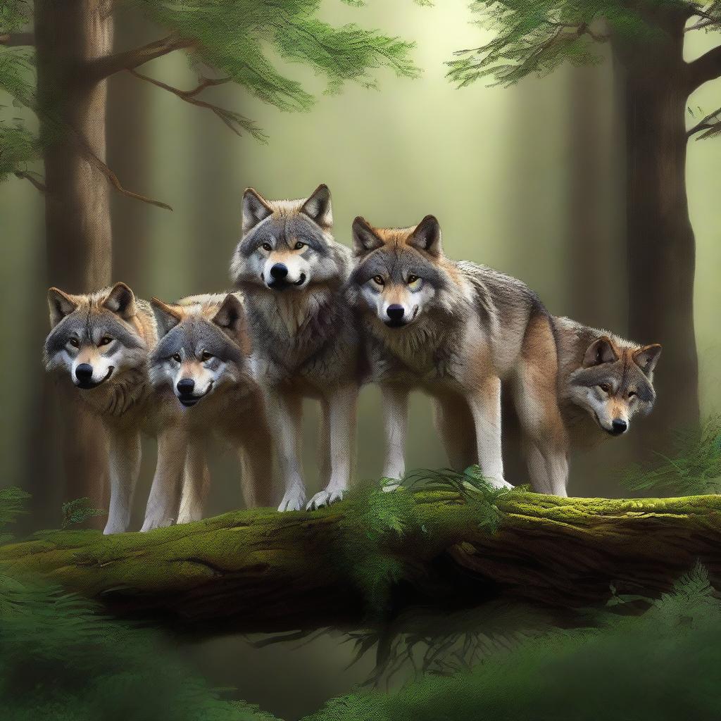 An image of a pack of wolves in the style of a high-quality digital painting