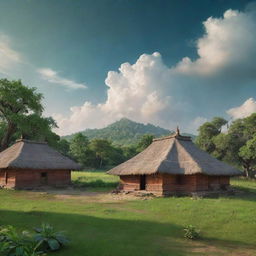 A hyper-realistic 8K image of an ancient Indian aashram and adjacent barn, richly detailing the surrounding verdant scenery, under a vibrant sky. The image is composed in a 9:16 aspect ratio.