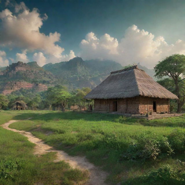 A hyper-realistic 8K image of an ancient Indian aashram and adjacent barn, richly detailing the surrounding verdant scenery, under a vibrant sky. The image is composed in a 9:16 aspect ratio.