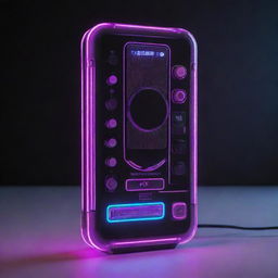 An electropunk-style phone with a sleek, digital design, vibrant neon lights, and eclectic electronic gadgetry